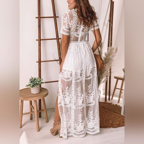 NWT Pink Lilly Elegant White Lace Maxi Dress size Small - Picture 3 of 16